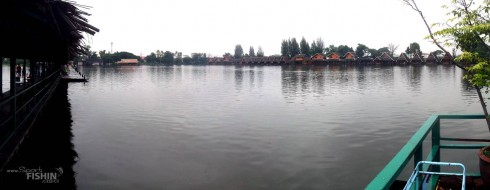Panoramic-view-of-bungsamran-pond-the-main-fishing-platform-and-bungalows-for-rent