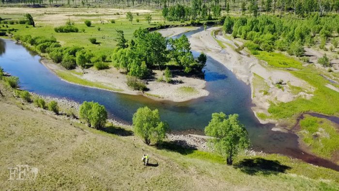 Mongolia river and summer scene from air